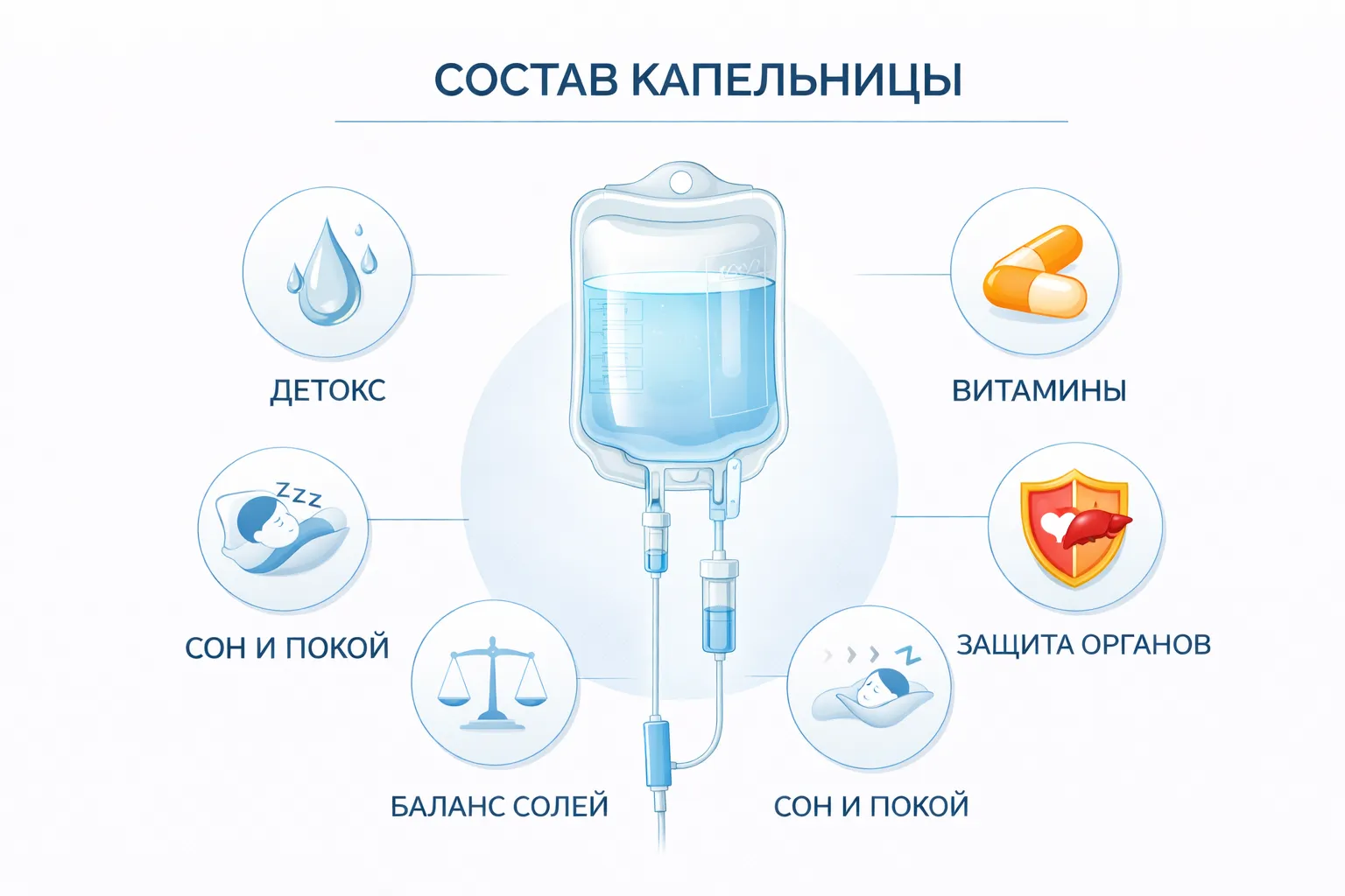 Инфографика состава медицинской капельницы: компоненты для детоксикации, защиты печени и восстановления организма.